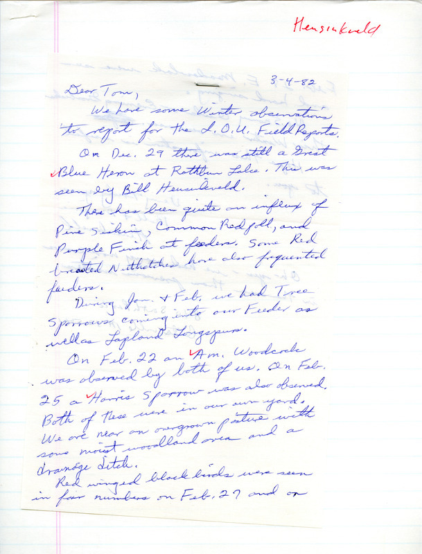 Field notes were contributed by Bill and Marjorie Heusinkveld in a letter to Thomas H. Kent. Documentation of an extraordinary sighting of an Oregon Junco is included. This item was used as supporting documentation for the Iowa Ornithologists' Union Quarterly field report of winter 1981-1982.