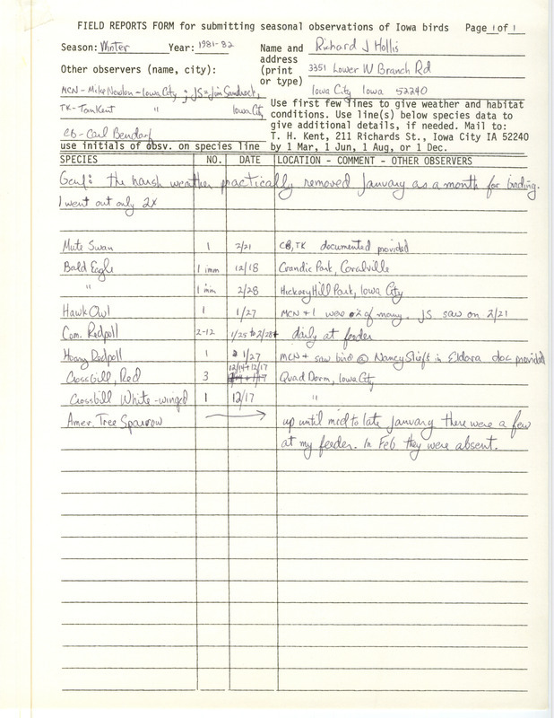 Field notes were contributed by Richard Jule Hollis and other observers. This item was used as supporting documentation for the Iowa Ornithologists' Union Quarterly field report of winter 1981-1982.