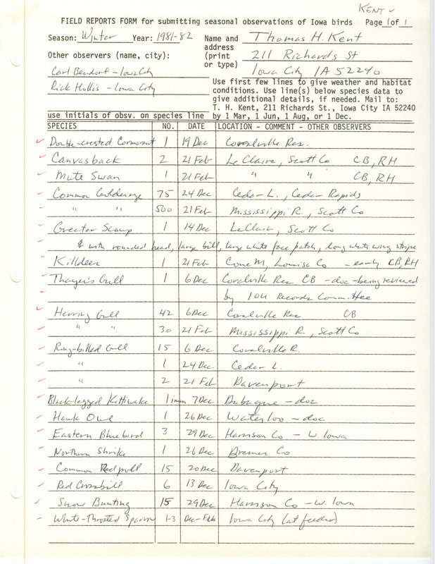 Field notes were contributed by Thomas H. Kent and other observers. This item was used as supporting documentation for the Iowa Ornithologists' Union Quarterly field report of winter 1981-1982.