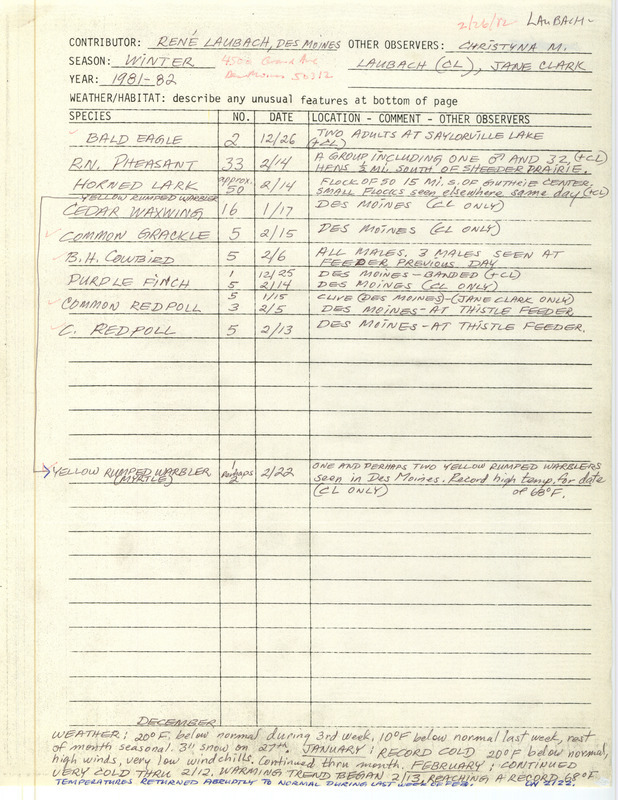 Field notes were contributed by Rene Laubach and other observers. This item was used as supporting documentation for the Iowa Ornithologists' Union Quarterly field report of winter 1981-1982.