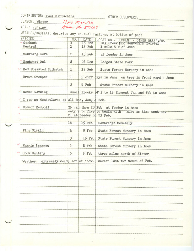 Field notes were contributed by Paul Martsching. Verifying documentation of an extraordinary sighting of a Goshawk is included. This item was used as supporting documentation for the Iowa Ornithologists' Union Quarterly field report of winter 1981-1982.