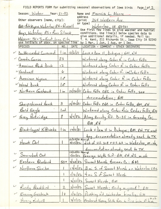 Field notes were contributed by Francis L. Moore and other observers. This item was used as supporting documentation for the Iowa Ornithologists' Union Quarterly field report of winter 1981-1982.