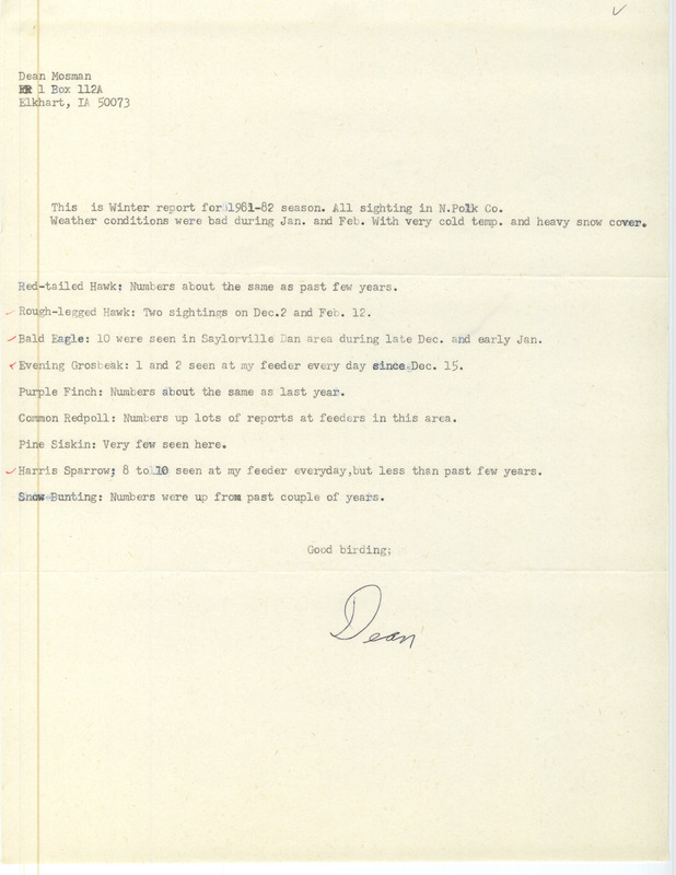 Field notes were contributed by Dean Mosman. This item was used as supporting documentation for the Iowa Ornithologists' Union Quarterly field report of winter 1981-1982.