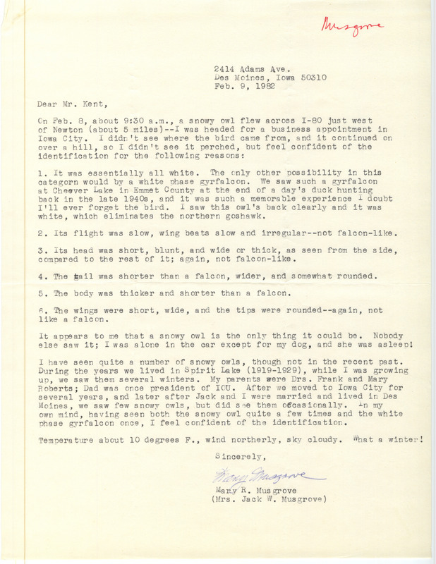 Field notes were contributed by Mary R. Musgrove in a letter to Thomas H. Kent. This item was used as supporting documentation for the Iowa Ornithologists' Union Quarterly field report of winter 1981-1982.