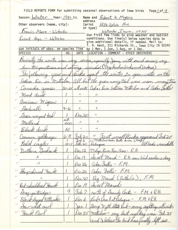 Field notes were contributed by Robert K. Myers and other observers. This item was used as supporting documentation for the Iowa Ornithologists' Union Quarterly field report of winter 1981-1982.