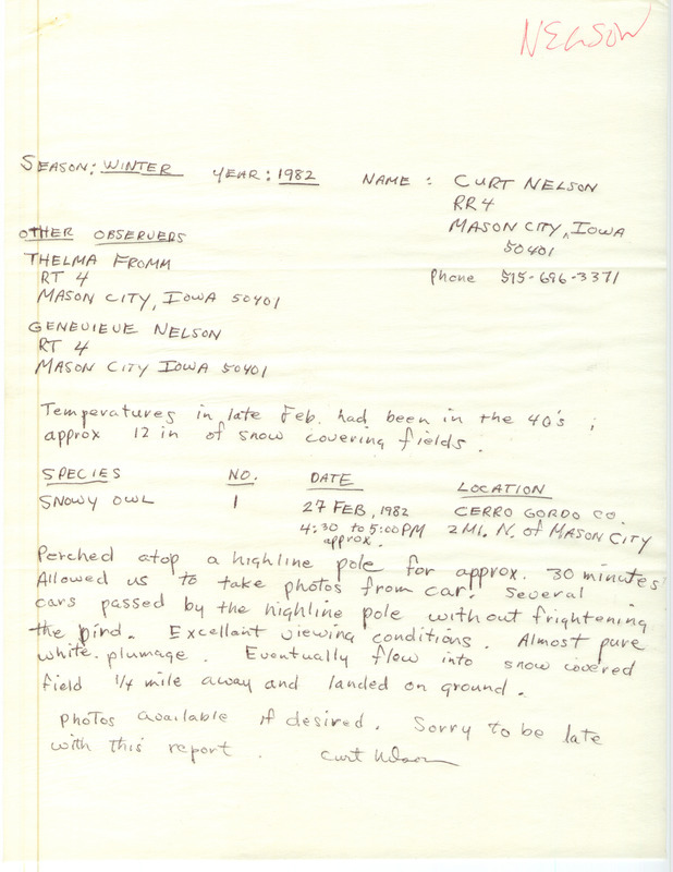 Field notes regarding a Snowy Owl sighting were contributed by Curt Nelson and other observers. This item was used as supporting documentation for the Iowa Ornithologists' Union Quarterly field report of winter 1981-1982.