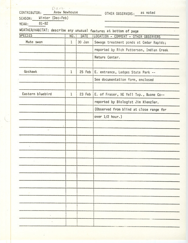 Field notes were contributed by David A. Newhouse and other observers. This item was used as supporting documentation for the Iowa Ornithologists' Union Quarterly field report of winter 1981-1982.