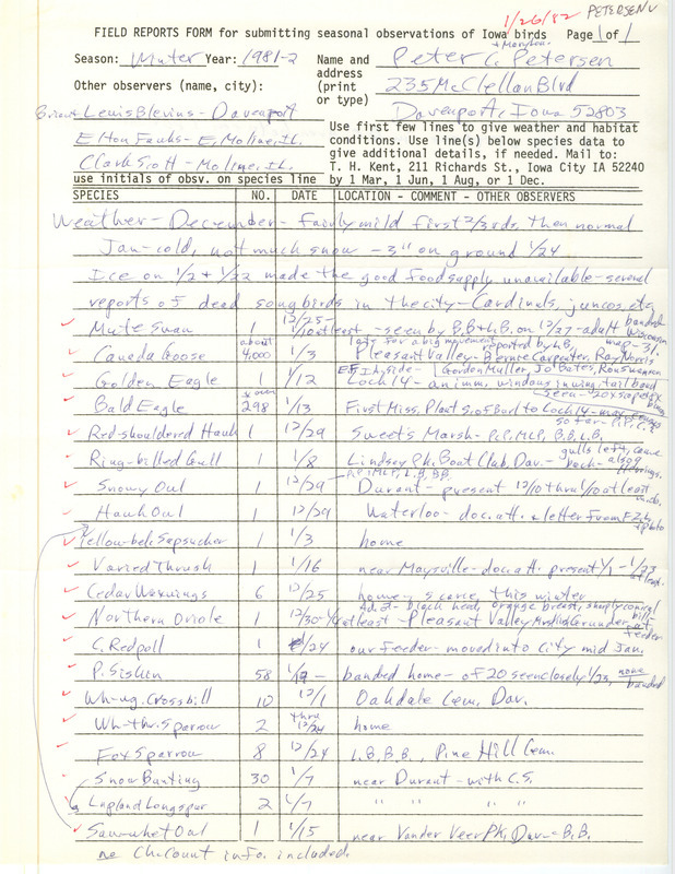 Field notes were contributed by Peter C. Petersen and other observers. This item was used as supporting documentation for the Iowa Ornithologists' Union Quarterly field report of winter 1981-1982.