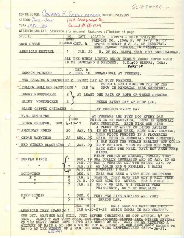 Field notes were contributed by Conrad F. Schlemmer. This item was used as supporting documentation for the Iowa Ornithologists' Union Quarterly field report of winter 1981-1982.