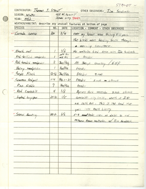 Field notes were contributed by Thomas J. Staudt and observer, James P. Sandrock. This item was used as supporting documentation for the Iowa Ornithologists' Union Quarterly field report of winter 1981-1982.