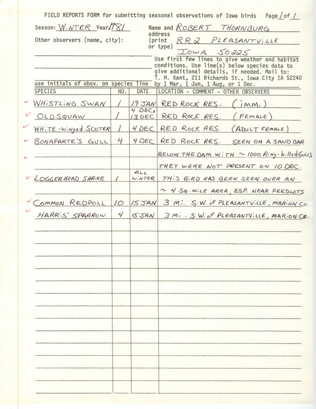 Field notes were contributed by Robert E. Thornburg. This item was used as supporting documentation for the Iowa Ornithologists' Union Quarterly field report of winter 1981-1982.