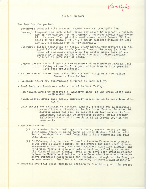 Field notes were contributed by John Van Dyk. This item was used as supporting documentation for the Iowa Ornithologists' Union Quarterly field report of winter 1981-1982.