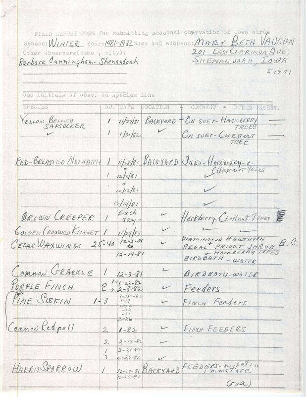 Field notes were contributed by Mary Beth Vaughn. This item was used as supporting documentation for the Iowa Ornithologists' Union Quarterly field report of winter 1981-1982.