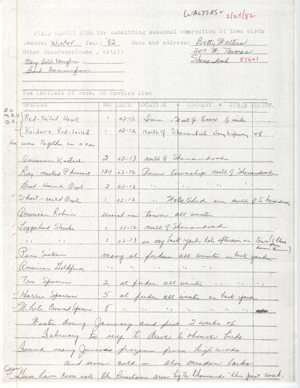 Field notes were contributed by Betty Walters and other observers. This item was used as supporting documentation for the Iowa Ornithologists' Union Quarterly field report of winter 1981-1982.