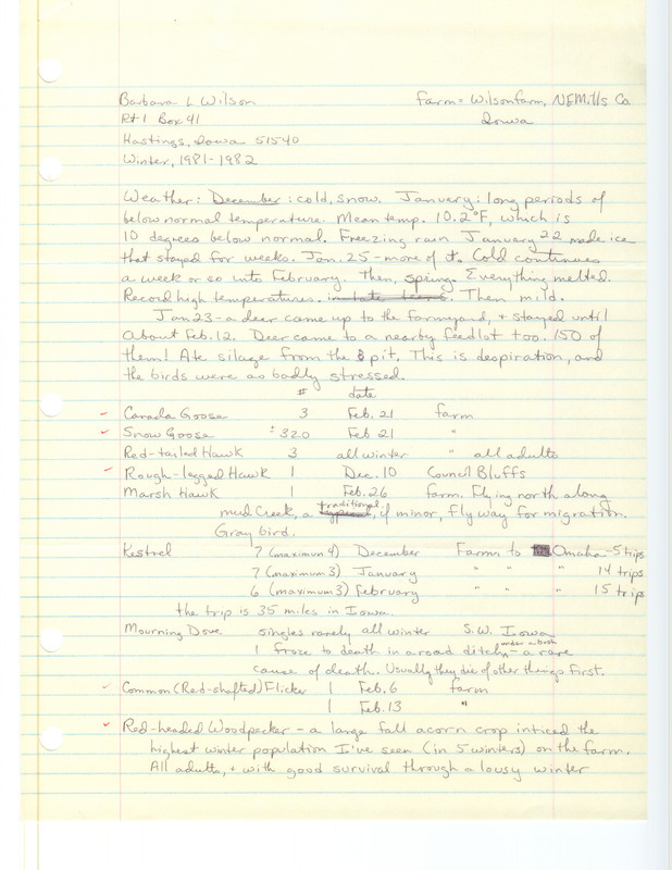 Field notes were contributed by Barbara L. Wilson. Verifying documentation on the Vesper Sparrow is included. This item was used as supporting documentation for the Iowa Ornithologists' Union Quarterly field report of winter 1981-1982.