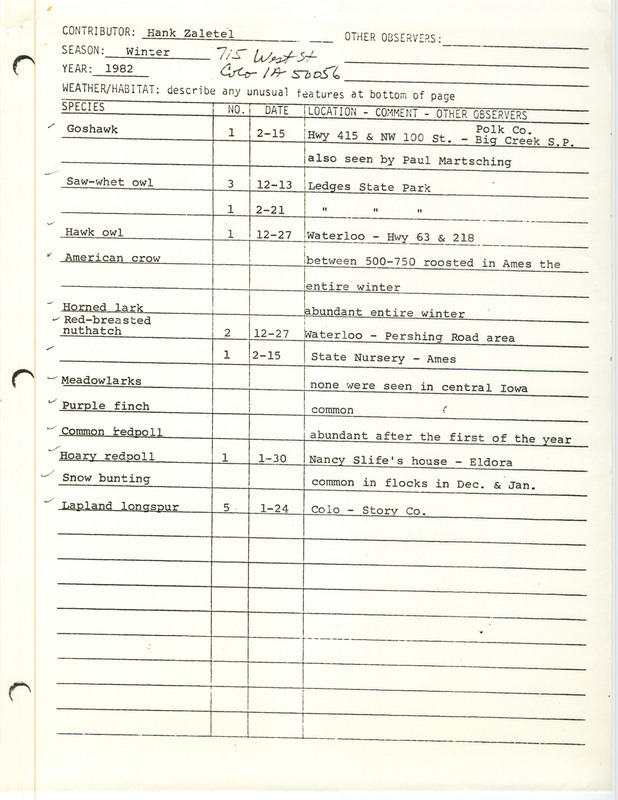 Field notes were contributed by Hank Zaletel. This item was used as supporting documentation for the Iowa Ornithologists' Union Quarterly field report of winter 1981-1982.