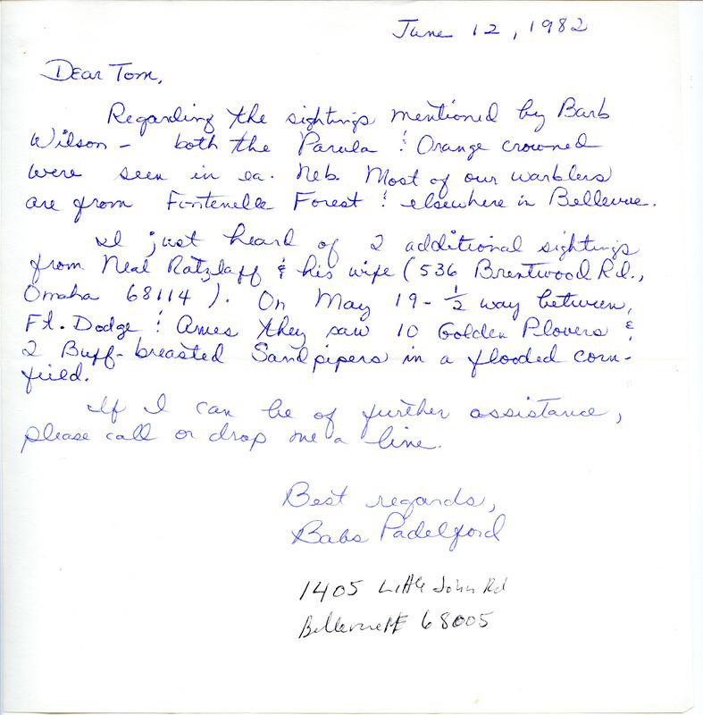 Field notes contributed by Babs Padelford in a letter to Thomas H. Kent. This item was used as supporting documentation for the Iowa Ornithologists' Union Quarterly field report of spring 1982.