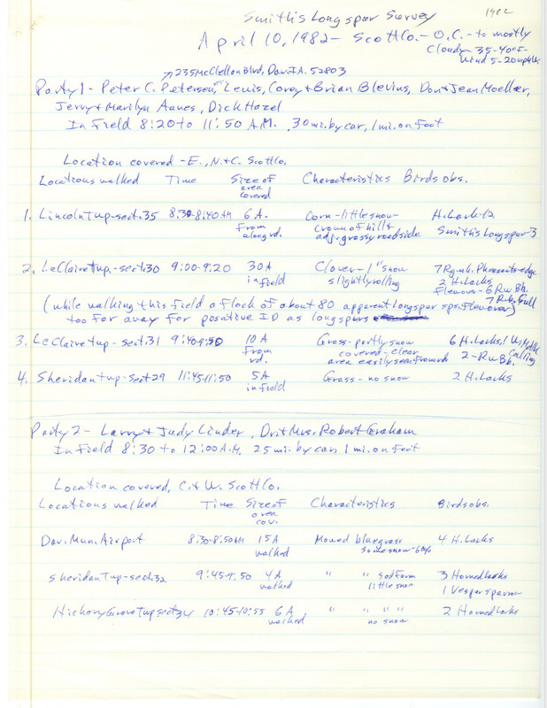 Smith's Longspur Survey was contributed by Peter C. Petersen and other contributors. This item was used as supporting documentation for the Iowa Ornithologists' Union Quarterly field report of spring 1982.