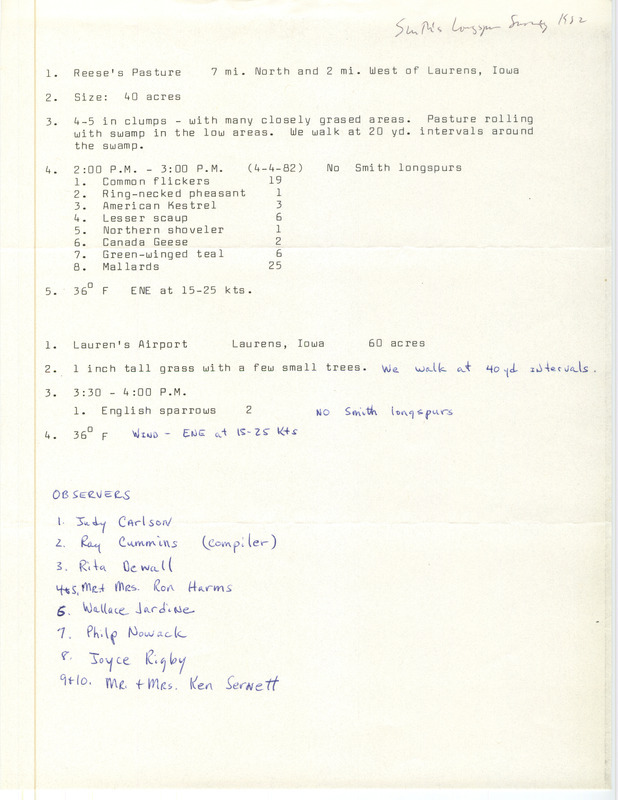 Smith's Longspur Survey was contributed by Raymond L. Cummins and other observers. This item was used as supporting documentation for the Iowa Ornithologists' Union Quarterly field report of spring 1982.