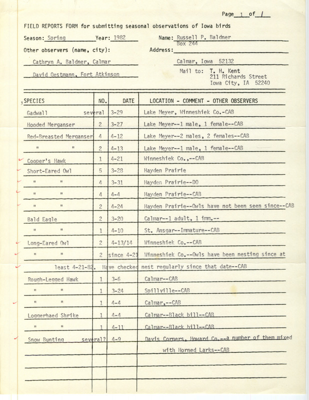 Field notes were contributed by Russell P. Baldner and other observers. This item was used as supporting documentation for the Iowa Ornithologists' Union Quarterly field report of spring 1982.