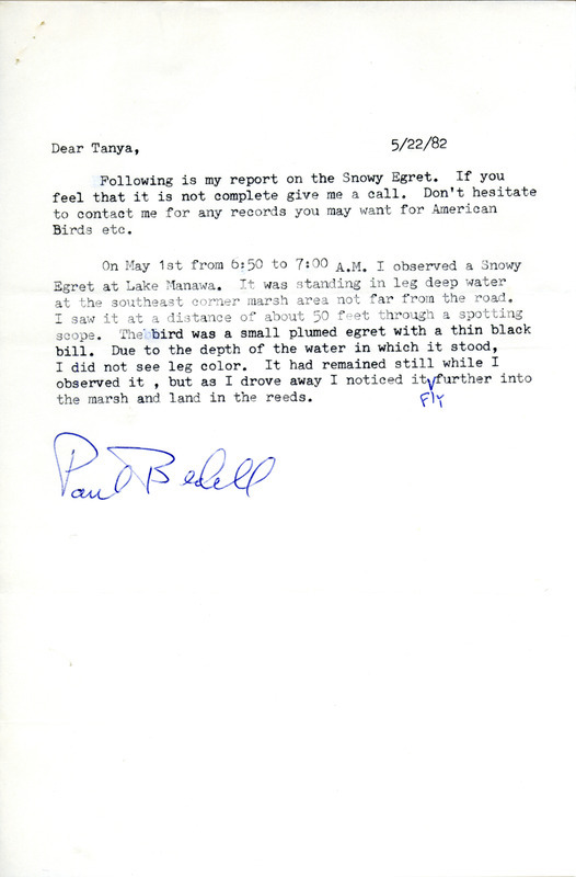 Field notes contributed by Tanya Bray in a letter to Paul Bedell regarding the sighting of a Snowy Egret at Lake Manawa. This item was used as supporting documentation for the Iowa Ornithologists' Union Quarterly field report of spring 1982.