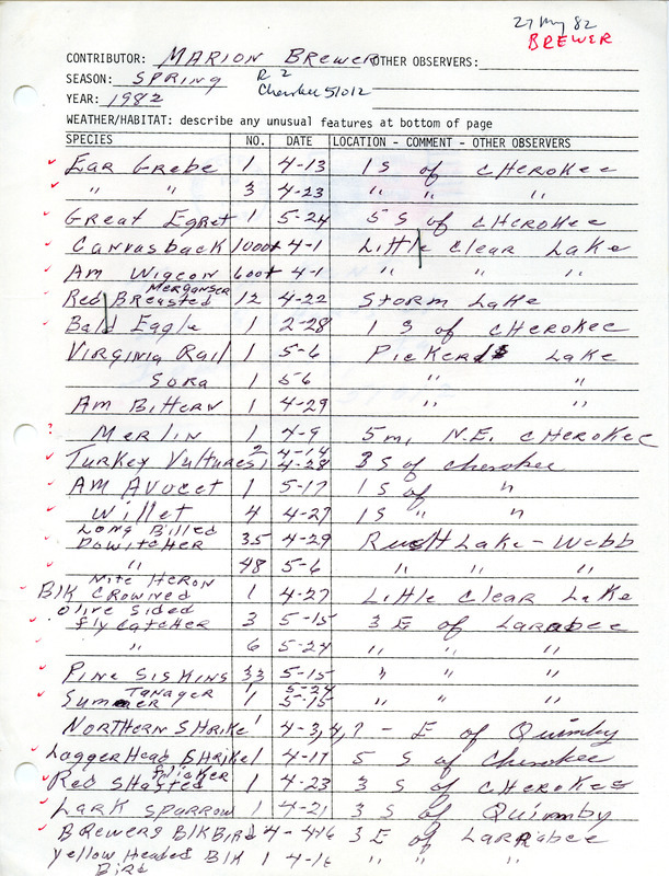 Field notes were contributed by Marion Brewer. This item was used as supporting documentation for the Iowa Ornithologists' Union Quarterly field report of spring 1982.