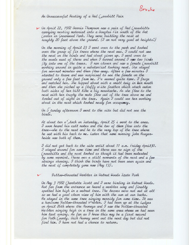 Field notes contributed by Margaret Brooke in a letter to Thomas H. Kent regarding sightings of a Red Crossbill and Yellow-throated Warbler. This item was used as supporting documentation for the Iowa Ornithologists' Union Quarterly field report of spring 1982.