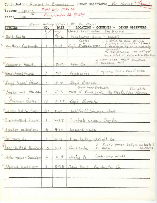 Field notes were contributed by Raymond L. Cummins and Ronald Harms, observer. This item was used as supporting documentation for the Iowa Ornithologists' Union Quarterly field report of spring 1982.