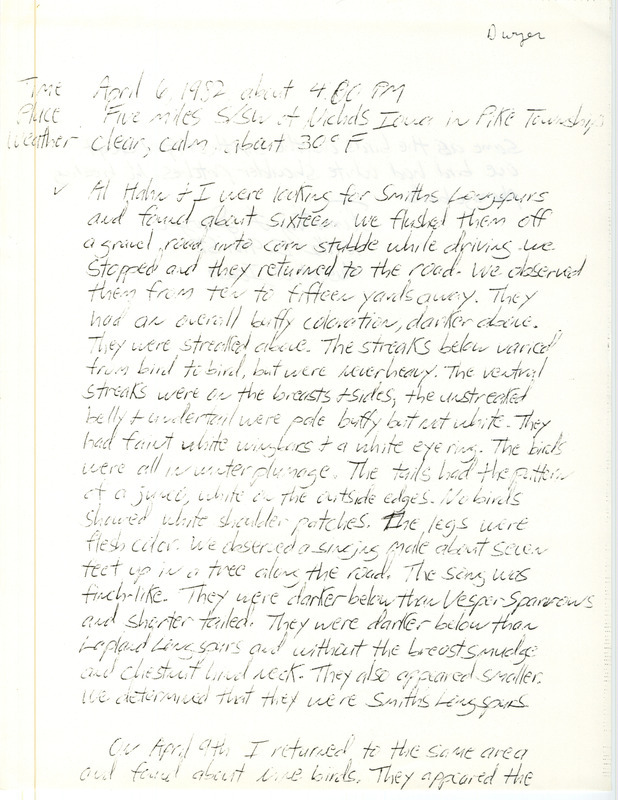 Field notes were contributed by Timothy L. Dwyer. This item was used as supporting documentation for the Iowa Ornithologists' Union Quarterly field report of spring 1982.