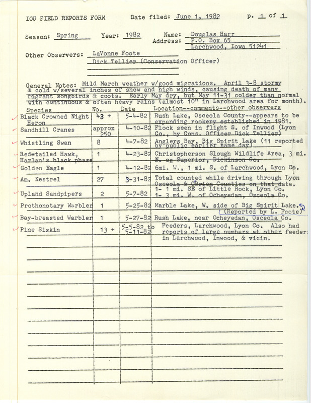 Field notes were contributed by Douglas C. Harr and other observers. This item was used as supporting documentation for the Iowa Ornithologists' Union Quarterly field report of spring 1982.