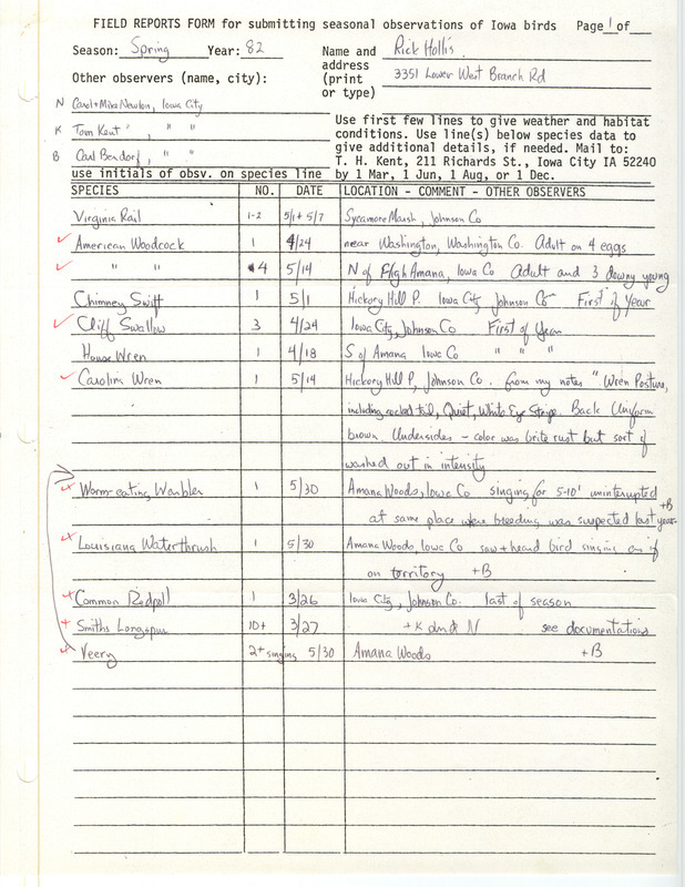 Field notes were contributed by Richard Jule Hollis and other observers. This item was used as supporting documentation for the Iowa Ornithologists' Union Quarterly field report of spring 1982.