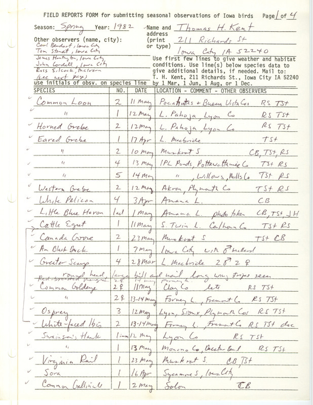 Field notes were contributed by Thomas H. Kent and other observers. This item was used as supporting documentation for the Iowa Ornithologists' Union Quarterly field report of spring 1982.