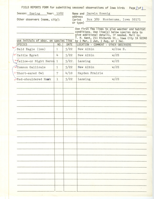 Field notes were contributed by Darwin Koenig. This item was used as supporting documentation for the Iowa Ornithologists' Union Quarterly field report of spring 1982.