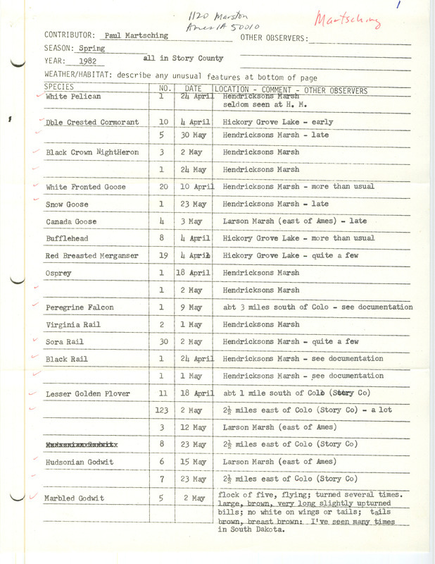 Field notes were contributed by Paul Martsching. This item was used as supporting documentation for the Iowa Ornithologists' Union Quarterly field report of spring 1982.