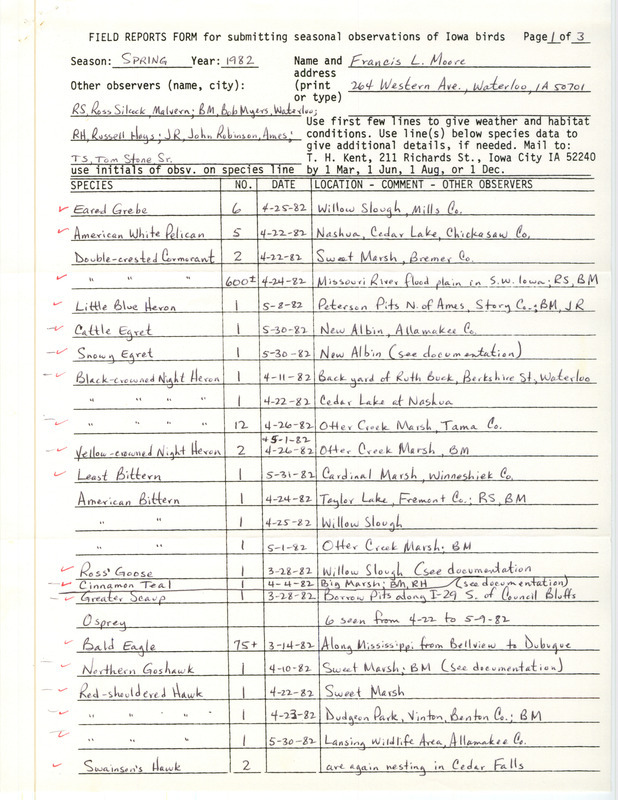 Field notes were contributed by Francis L. Moore and other observers. This item was used as supporting documentation for the Iowa Ornithologists' Union Quarterly field report of spring 1982.