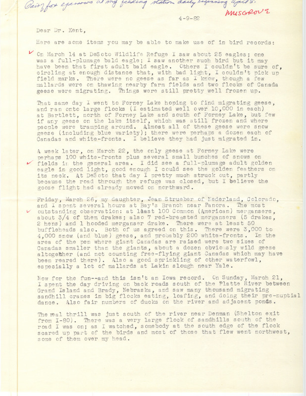 Field notes were contributed by Mary R. Musgrove in a letter to Thomas H. Kent. This item was used as supporting documentation for the Iowa Ornithologists' Union Quarterly field report of spring 1982.