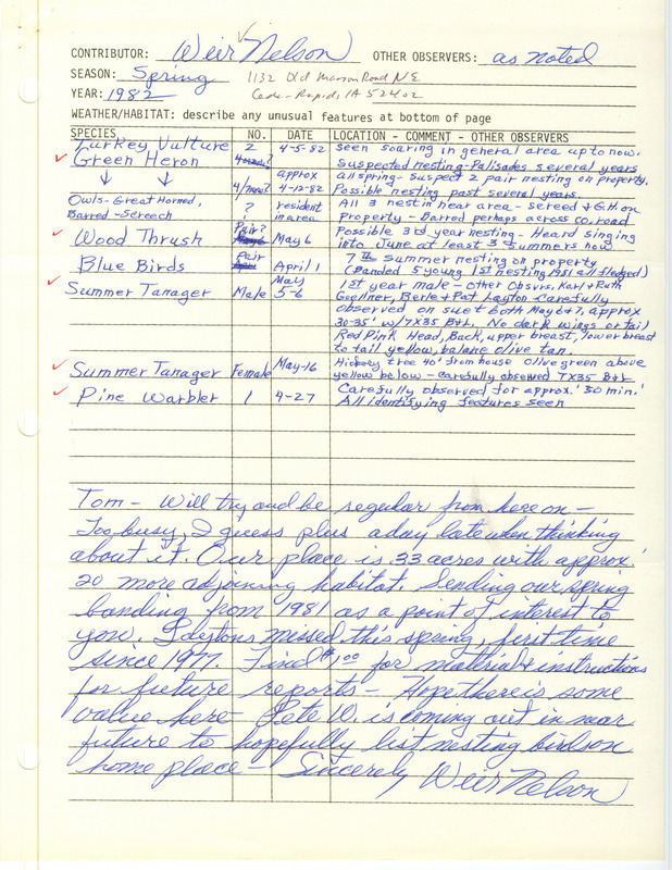 Field notes were contributed by Weir Nelson. A spring 1981 banding report is included. This item was used as supporting documentation for the Iowa Ornithologists' Union Quarterly field report of spring 1982.