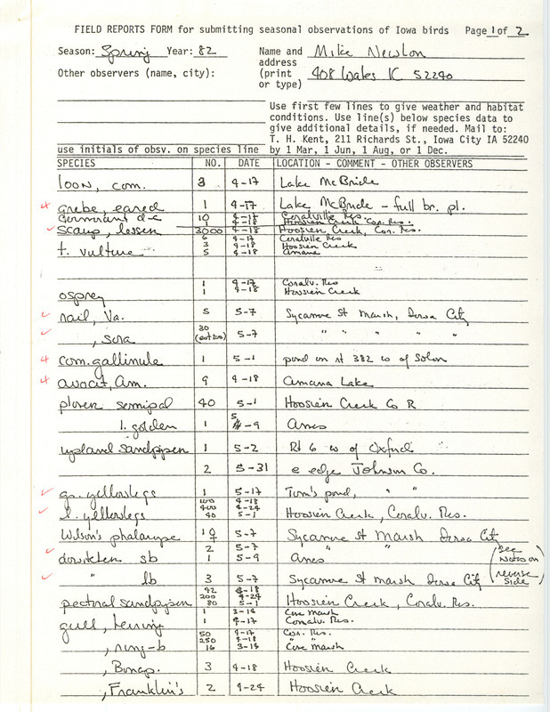 Field notes were contributed by Michael C. Newlon. This item was used as supporting documentation for the Iowa Ornithologists' Union Quarterly field report of spring 1982.