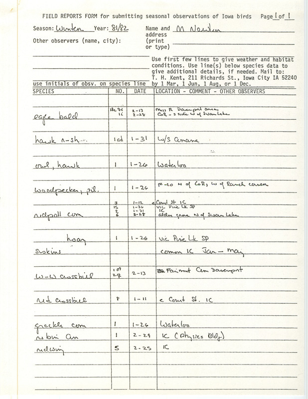 Field note were contributed by Michael C. Newlon. This item was submitted past the deadline for the Iowa Ornithologists' Union Quarterly Report of winter 1981-1982.