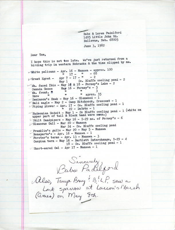 Field notes were contributed by Babs Padelford in a letter to Thomas H. Kent. This item was used as supporting documentation for the Iowa Ornithologists' Union Quarterly field report of spring 1982.