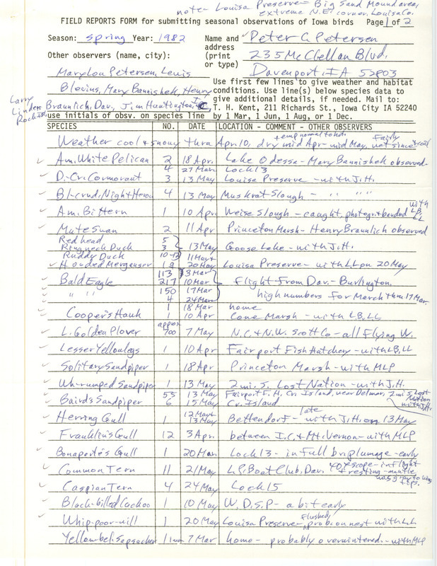 Field notes were contributed by Peter C. Petersen and other observers. This item was used as supporting documentation for the Iowa Ornithologists' Union Quarterly field report of spring 1982.