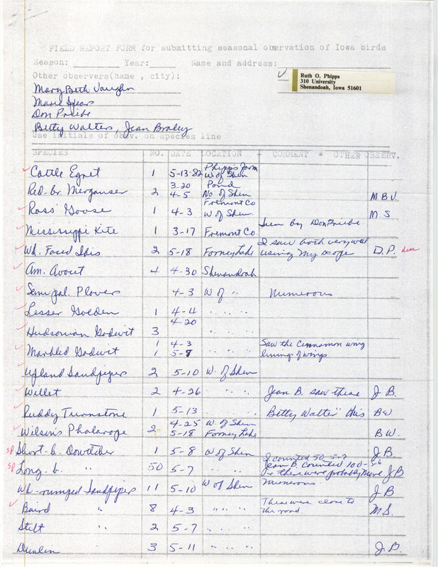 Field notes were contributed by Ruth Phipps and other observers. This item was used as supporting documentation for the Iowa Ornithologists' Union Quarterly field report of spring 1982.