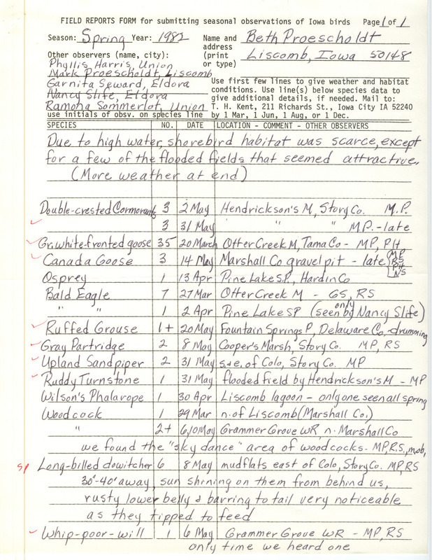 Field notes were contributed by Beth Proescholdt and other observers. This item was used as supporting documentation for the Iowa Ornithologists' Union Quarterly field report of spring 1982.