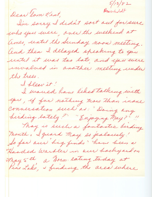 Field notes were contributed by Beth Proescholdt in a letter to Thomas H. Kent. This item was used as supporting documentation for the Iowa Ornithologists' Union Quarterly field report of spring 1982.