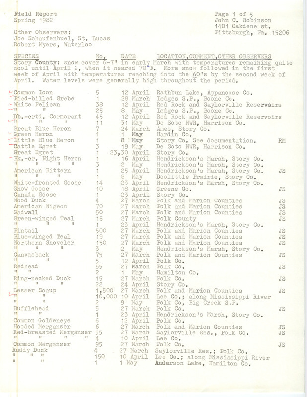 Field notes were contributed by John C. Robinson and other observers. This item was used as supporting documentation for the Iowa Ornithologists' Union Quarterly field report of spring 1982.