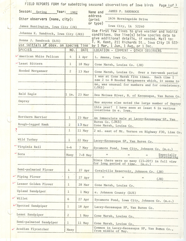 Field notes were contributed by James P. Sandrock and other observers. This item was used as supporting documentation for the Iowa Ornithologists' Union Quarterly field report of spring 1982.