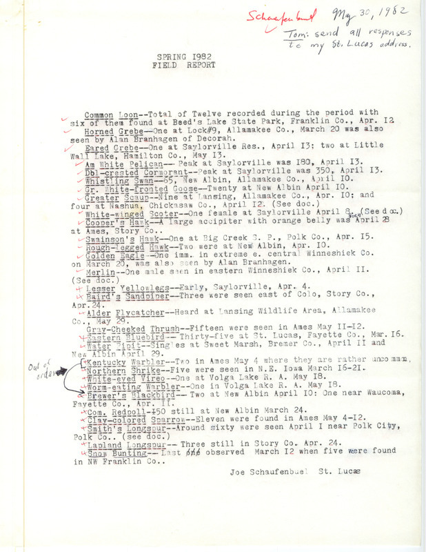 Field notes were contributed by Joe Schaufenbuel. This item was used as supporting documentation for the Iowa Ornithologists' Union Quarterly field report of spring 1982.