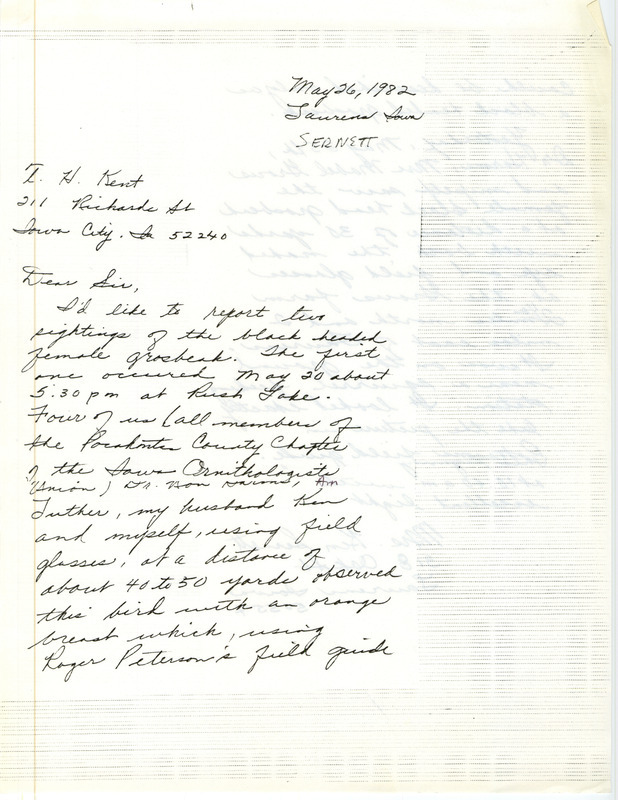 Field notes were contributed by Ann Mccartan Sernett in a letter to Thomas H. Kent. This item was used as supporting documentation for the Iowa Ornithologists' Union Quarterly field report of spring 1982.