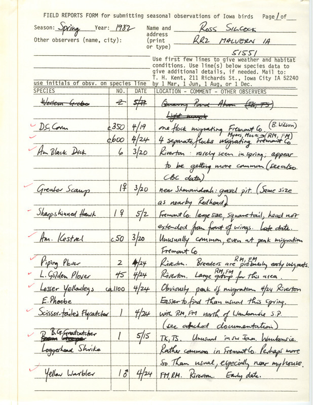 Field notes were contributed by W. Ross Silcock. This item was used as supporting documentation for the Iowa Ornithologists' Union Quarterly field report of spring 1982.