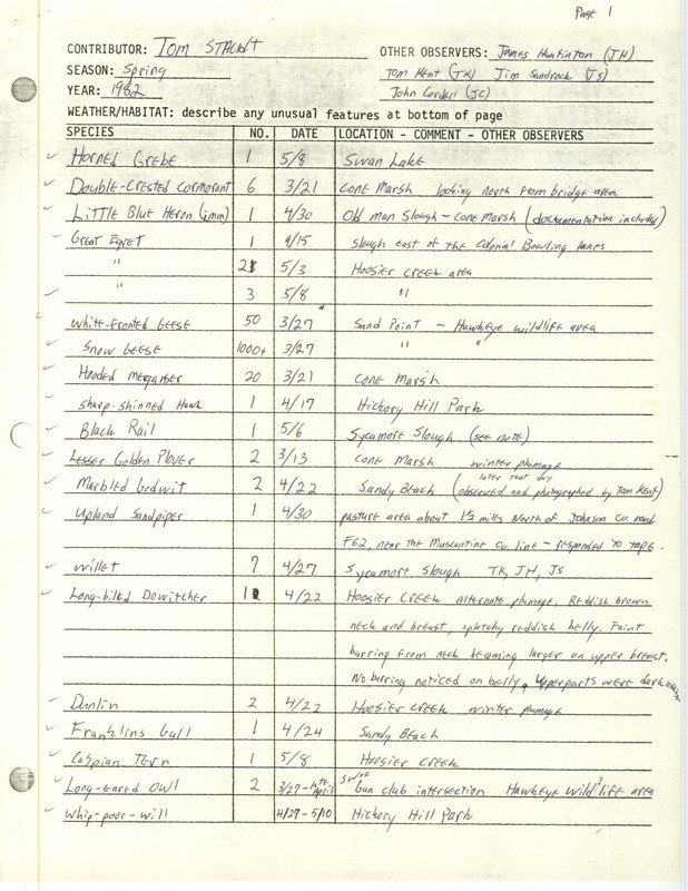 Field notes were contributed by Thomas J. Staudt. This item was used as supporting documentation for the Iowa Ornithologists' Union Quarterly field report of spring 1982.